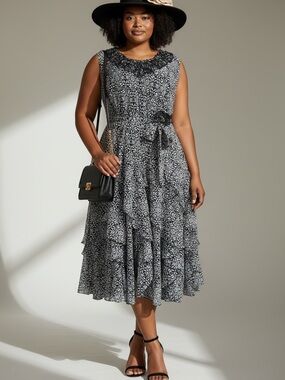 Fluttery Feminine Romantic Coquette Sleeveless B&W Pattern Ruffled Midi Size 18